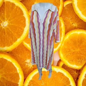 Krizia by Tony Striped Wavy Knit Button Down Polo Long Sweater‎ Top Retro  M/L